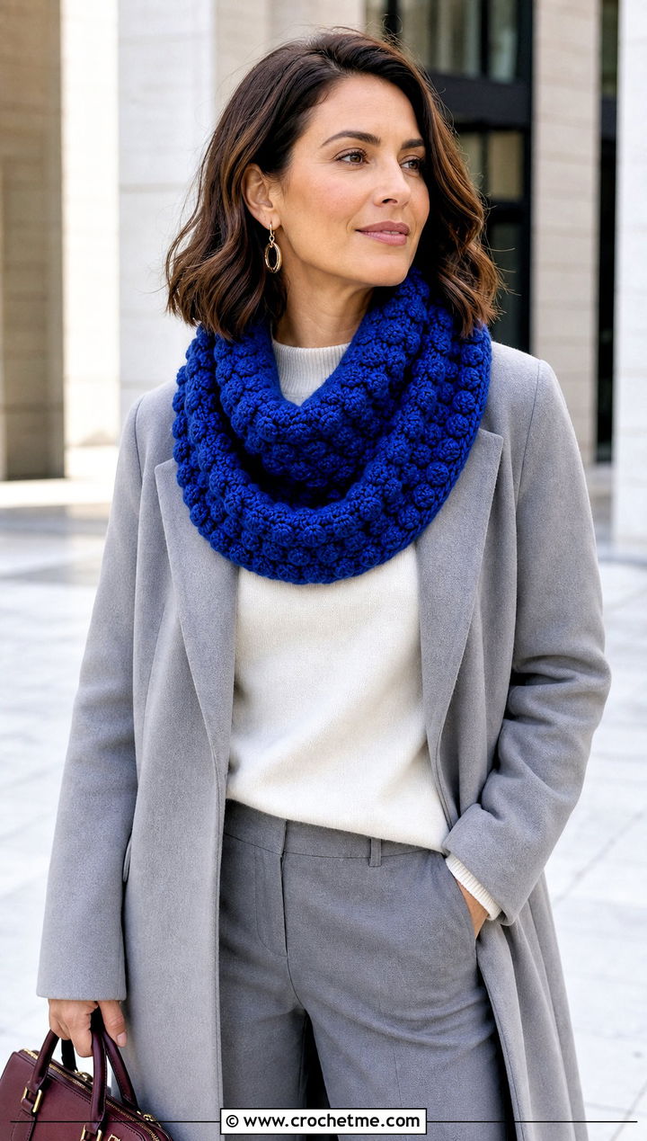 Bobble Stitch Crochet Cowl With Minimalist Coat - 20 Simple Crochet Cowl outfit ideas