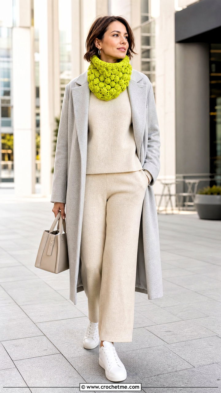 Bobble Stitch Crochet Cowl With Monochrome Outfit - 35 crochet cowl outfit ideas