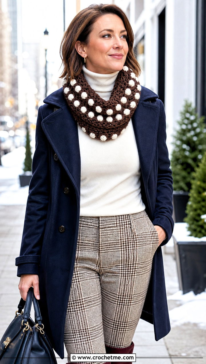 Bobble Stitch Crochet Cowl With Peacoat And Plaid Pants - 15 brown and white crochet cowl outfit ideas