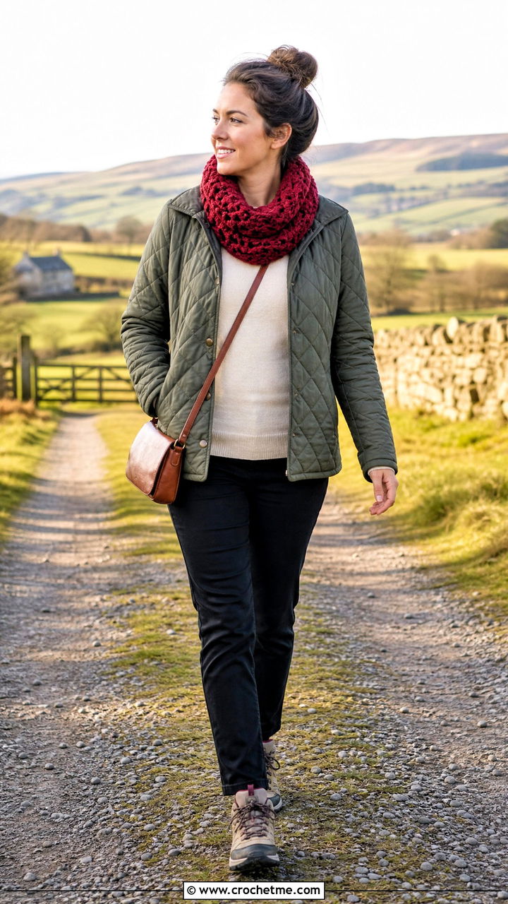 Bobble Stitch Crochet Cowl With Quilted Jacket - 35 crochet cowls outfit ideas