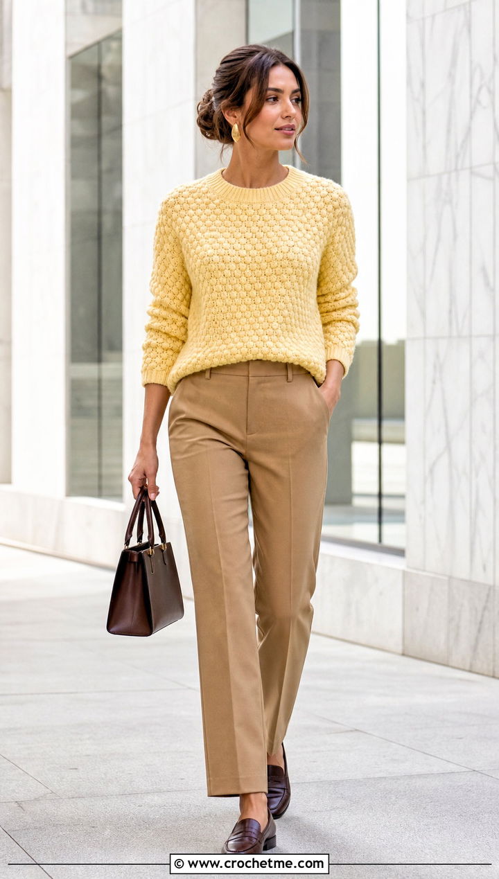 Bobble Stitch Crochet Crewneck Sweater With Straight Leg Pants - 30 crochet crewneck sweater outfit ideas