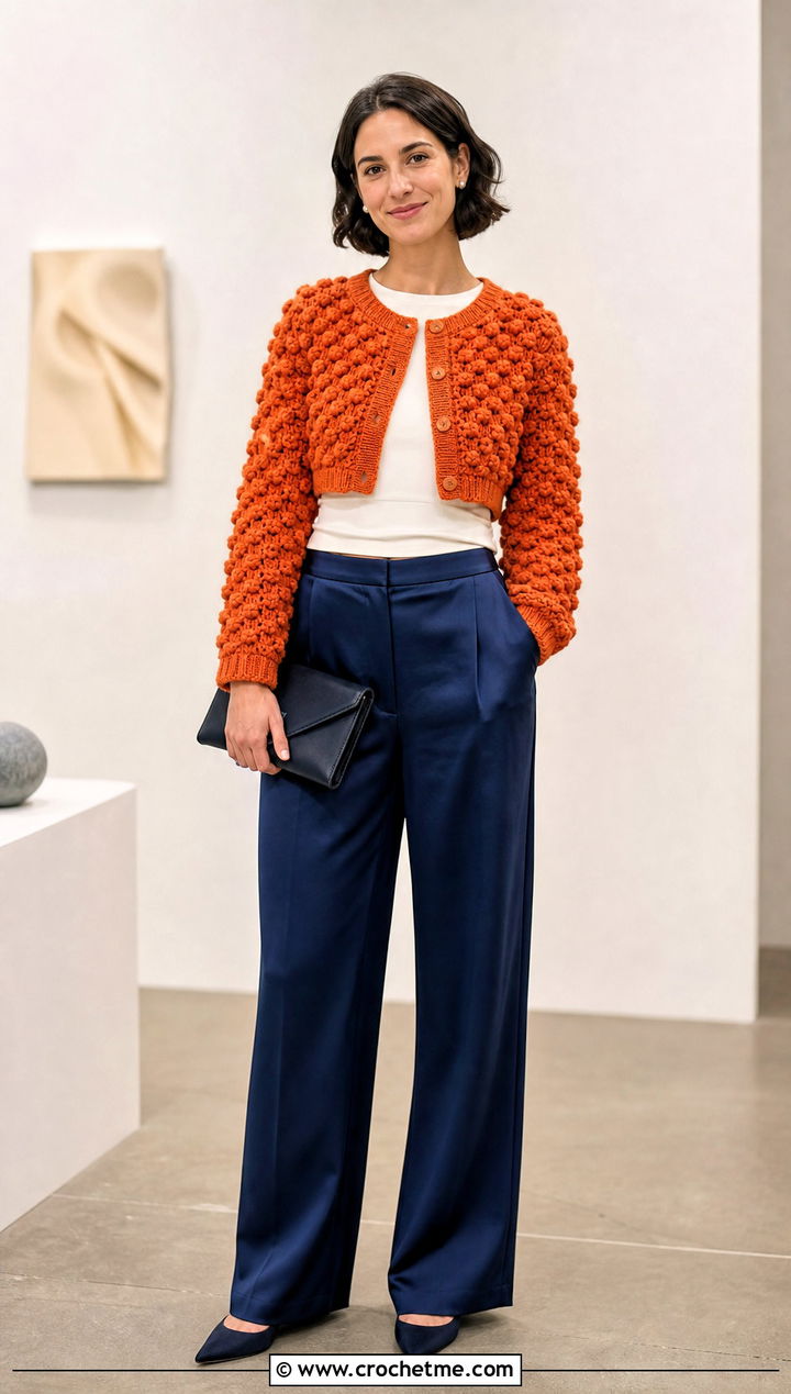 Bobble Stitch Crochet Crop Cardigan With Satin Trousers - 30 crochet crop cardigan outfit ideas