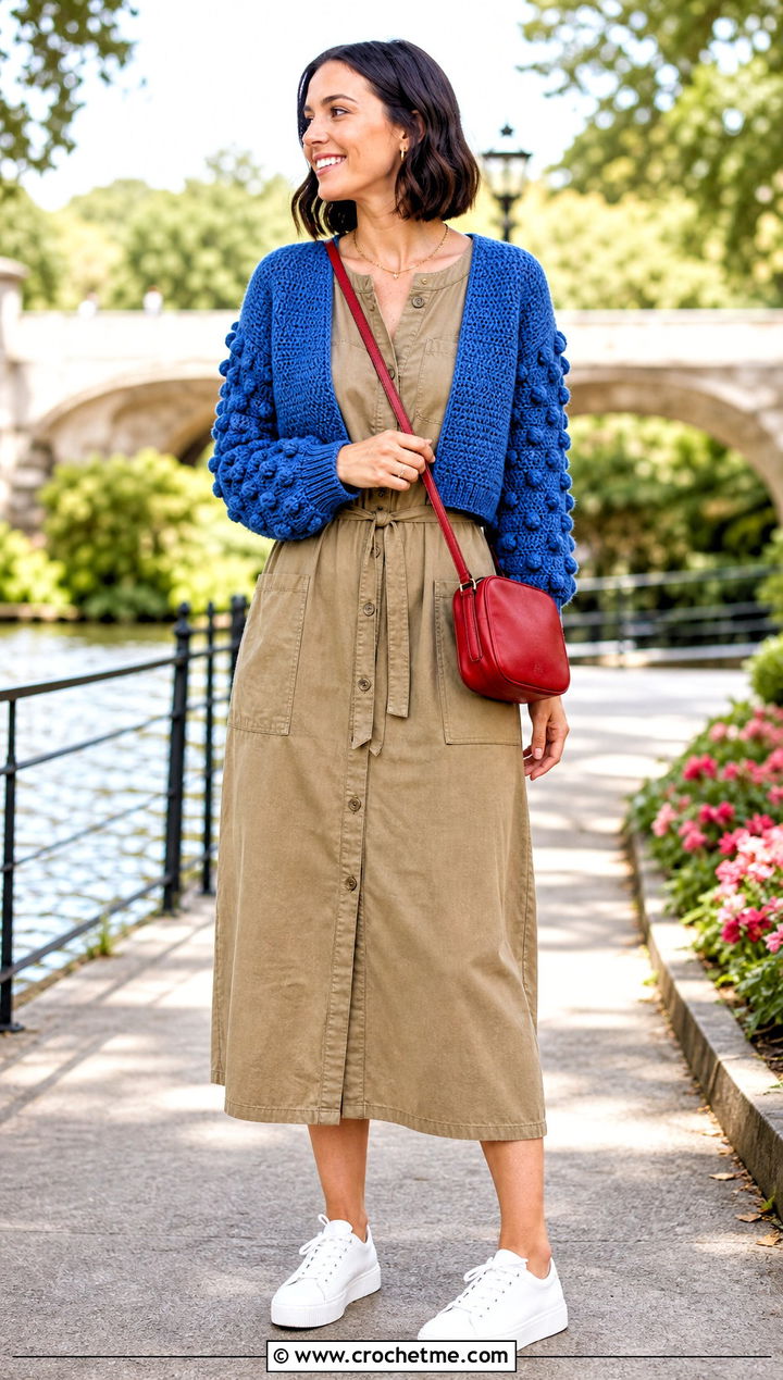 Bobble Stitch Crochet Crop Shrug With Utility Dress - 25 Crochet Crop Shrug outfit ideas
