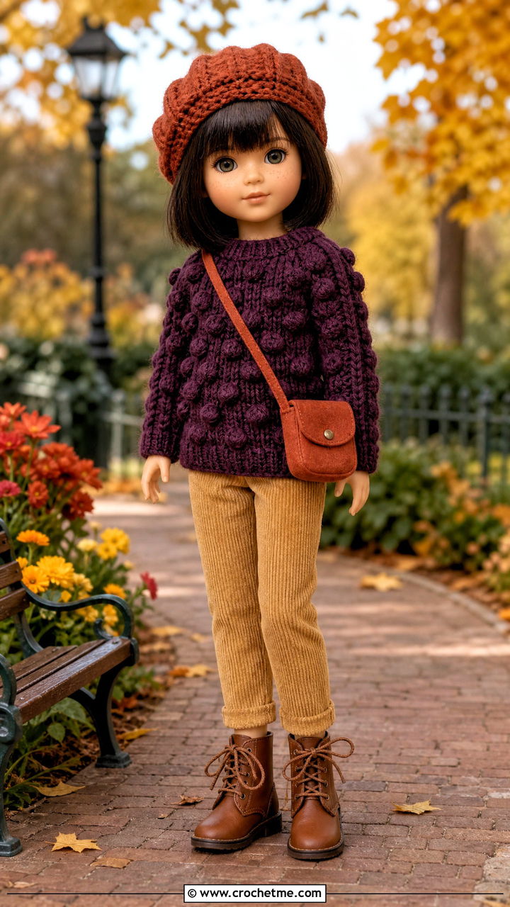 Bobble Stitch Crochet Doll Sweater With Corduroy Pants - 35 crochet doll sweater outfit ideas