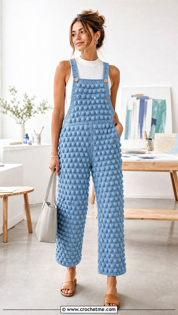 Bobble Stitch Crochet Dungarees With Minimal Tank Top - 30 crochet dungarees outfit ideas