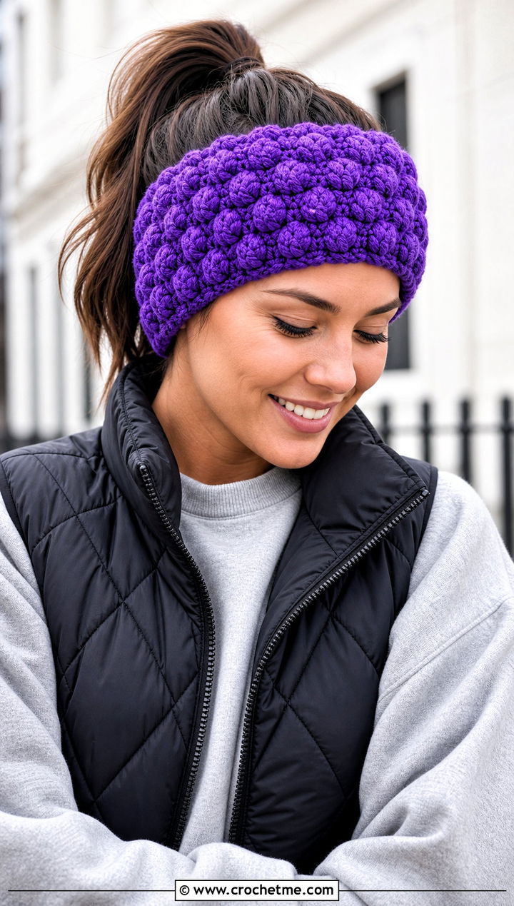 Bobble Stitch Crochet Ear Headband With Sweatshirt And Joggers - 30 crochet ear headband outfit ideas