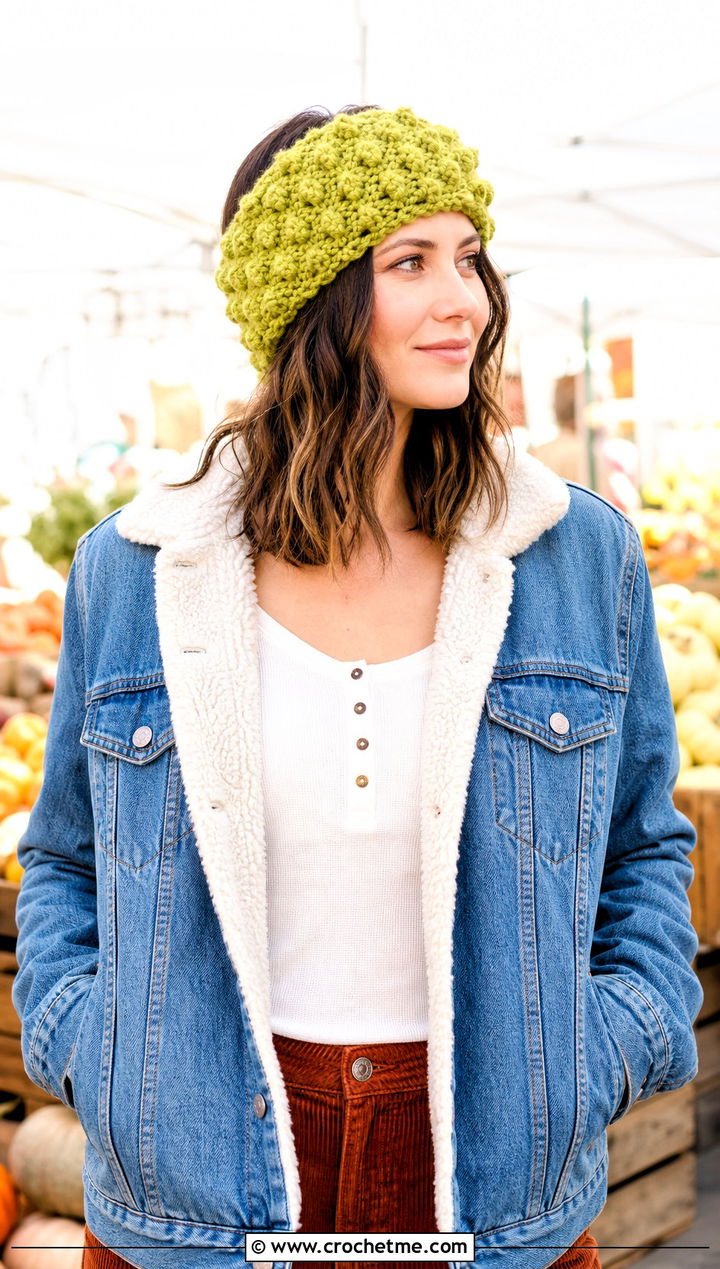 Bobble Stitch Crochet Ear Warmer With Denim Jacket and Corduroy Pants - 25 Simple Crochet Ear Warmer outfit ideas