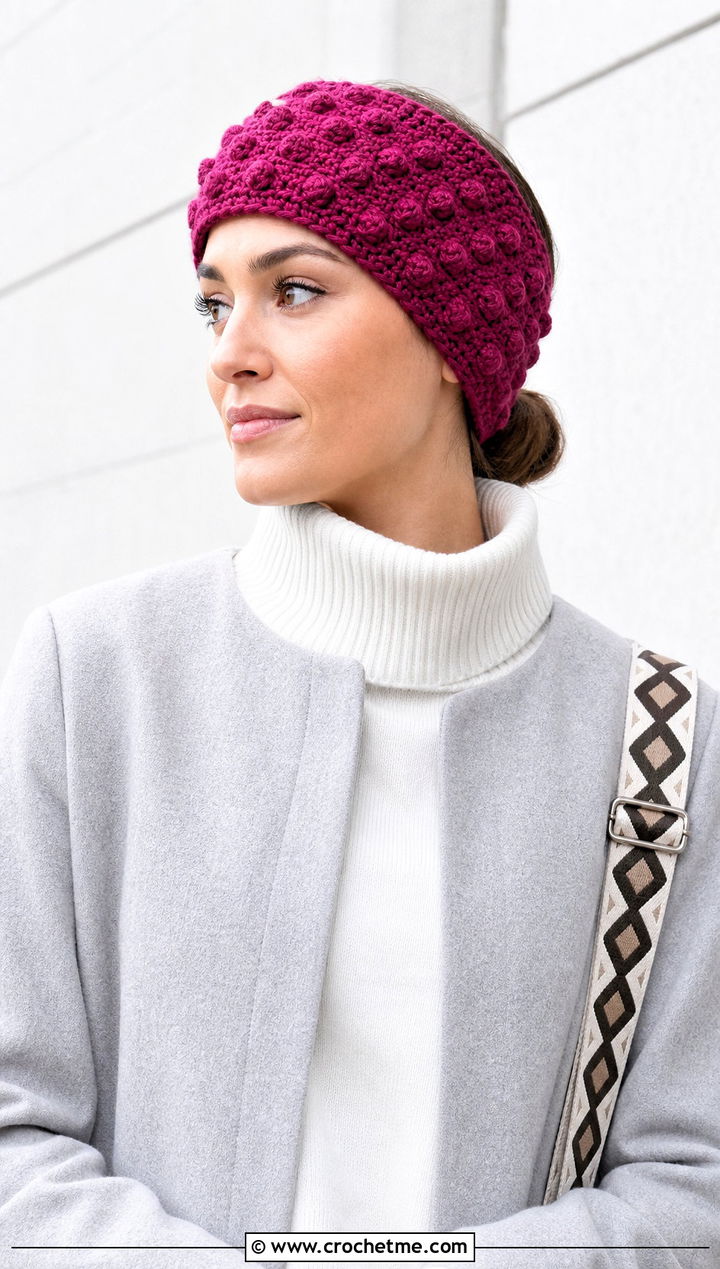 Bobble Stitch Crochet Ear Warmer With Minimalist Coat - 25 Quick Crochet Ear Warmer outfit ideas