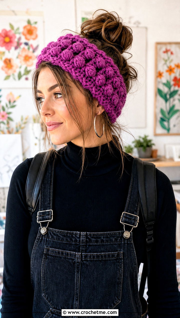Bobble Stitch Crochet Ear Warmer With Overalls - 25 Beginner Crochet Ear Warmer outfit ideas