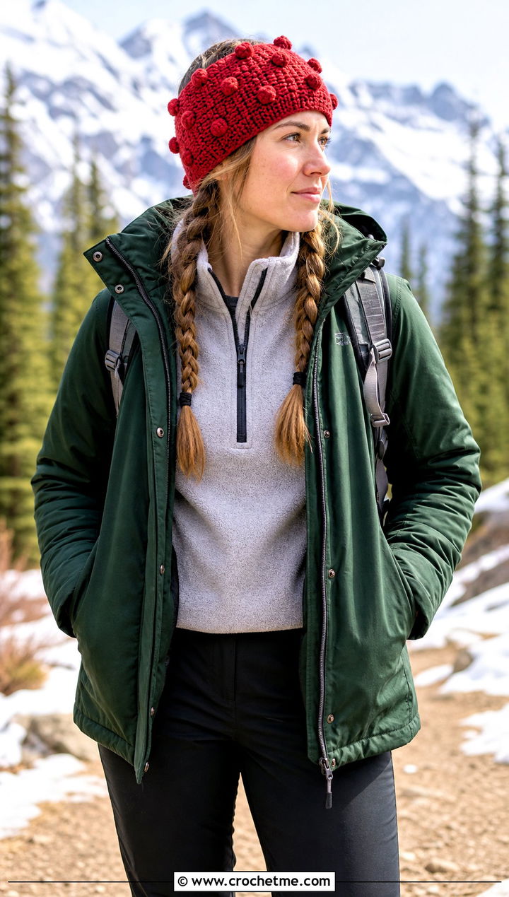 Bobble Stitch Crochet Ear Warmer With Parka And Hiking Boots - 30 crochet ear warmer headband outfit ideas
