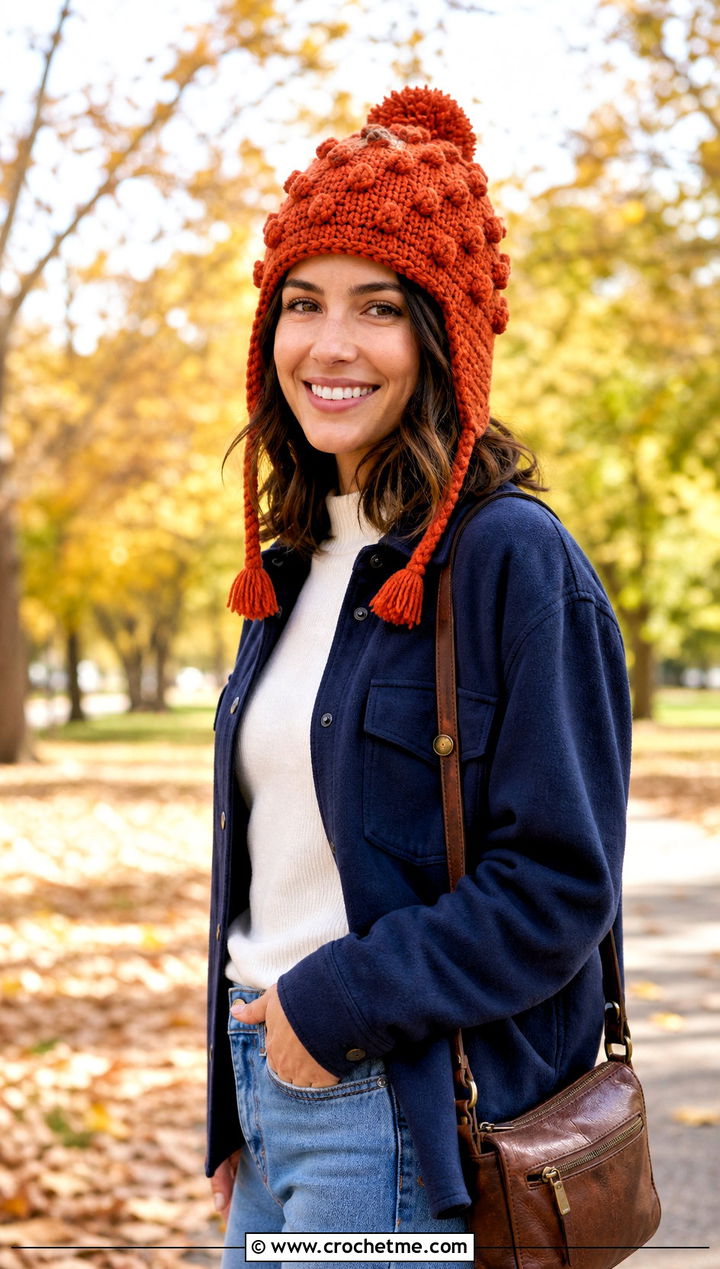 Bobble Stitch Crochet Earflap Beanie With Shacket - 30 crochet earflap beanie outfit ideas
