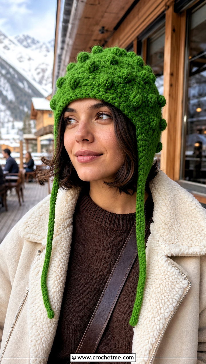 Bobble Stitch Crochet Earflap Beanie With Shearling Jacket - 15 Crochet Beanie With Earflaps outfit ideas