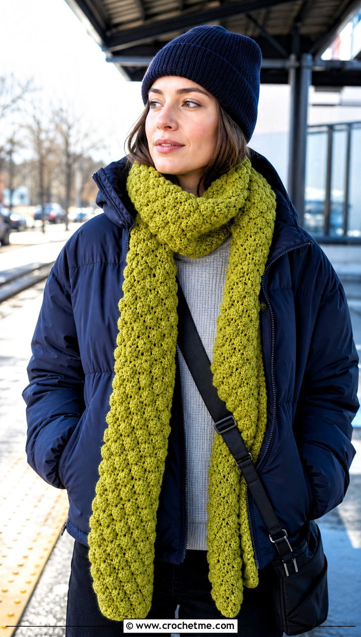 Bobble Stitch Crochet Fall Scarf With Puffer Jacket - 15 Crochet Fall Scarf outfit ideas