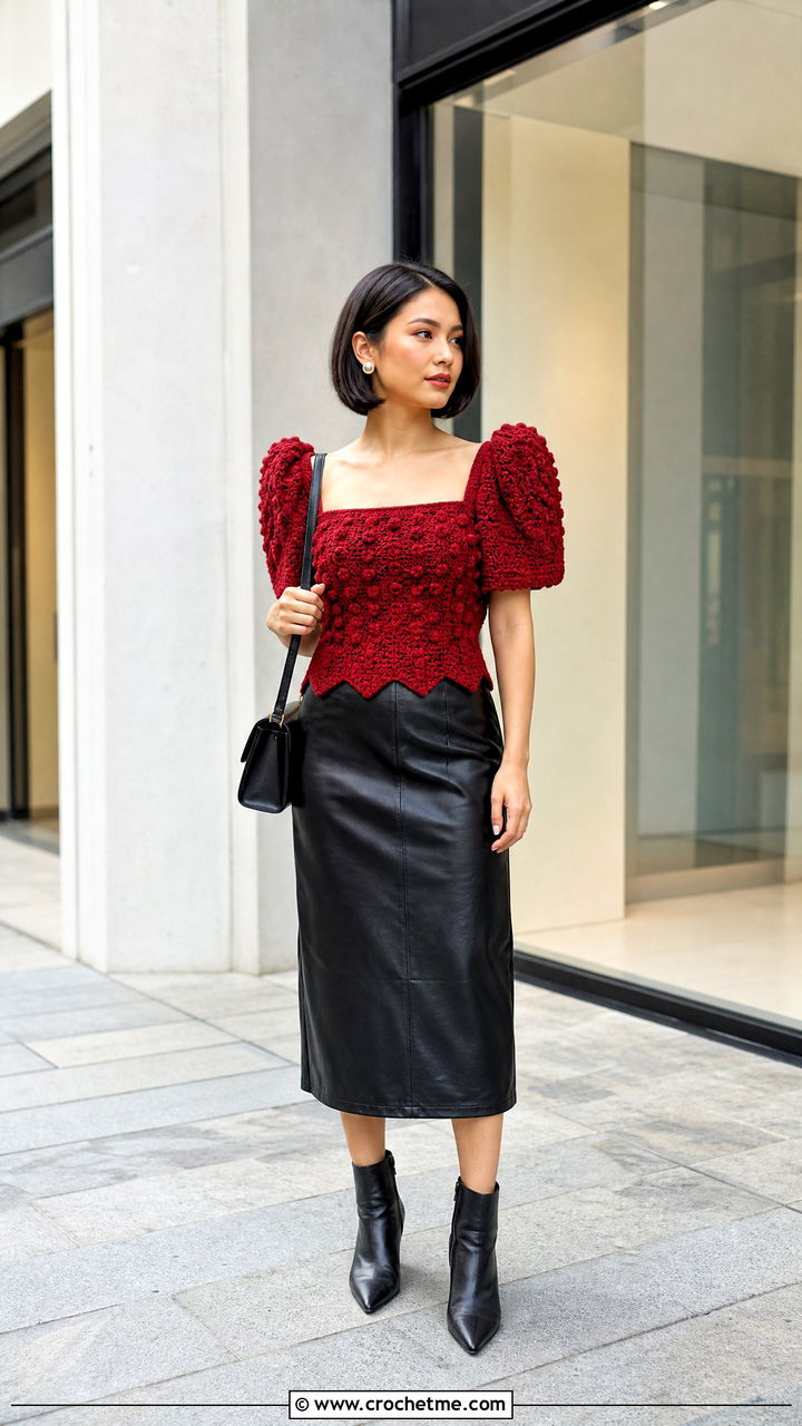 Bobble Stitch Crochet Filipiniana Top With Leather Midi Skirt - 35 crochet filipiniana top outfit ideas