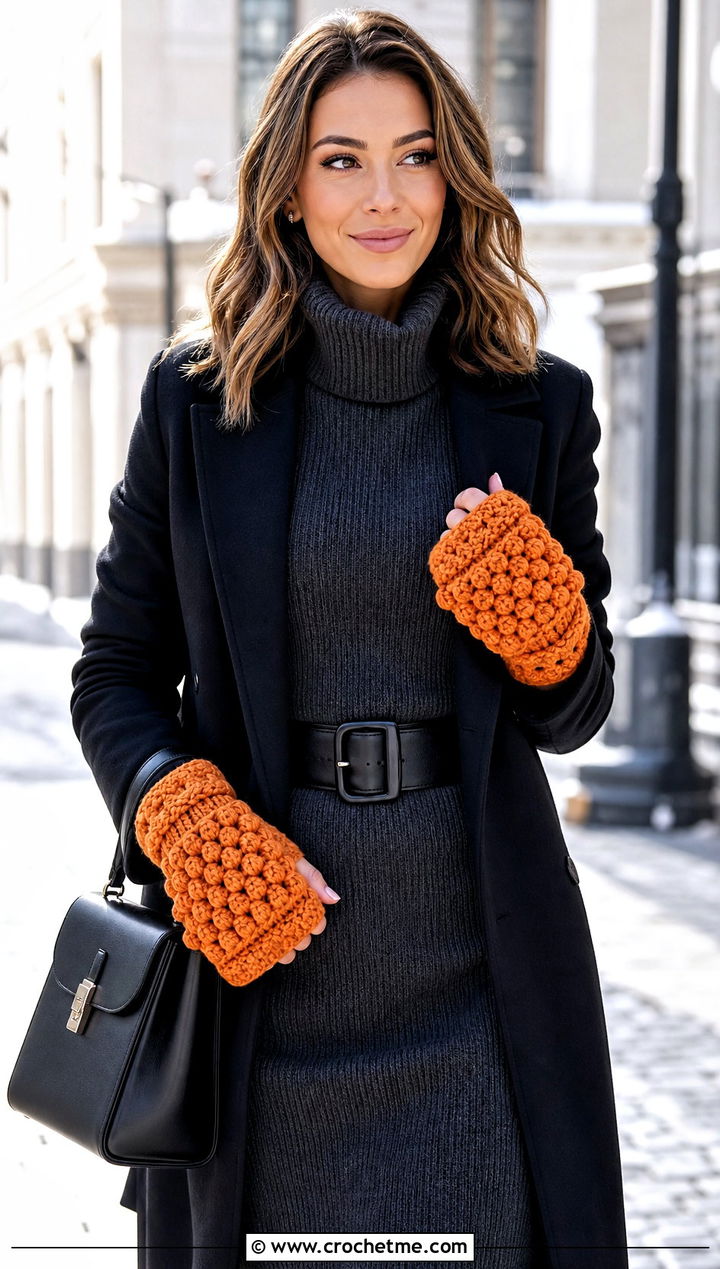 Bobble Stitch Crochet Fingerless Gloves With Flap And Sweater Dress - 30 crochet fingerless gloves with flap outfit ideas