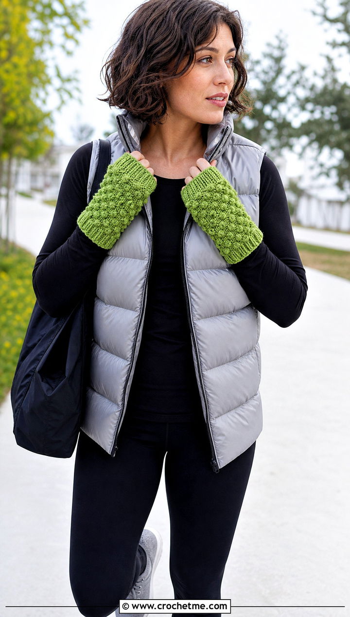 Bobble Stitch Crochet Fingerless Gloves With Puffer Vest - 25 finger less crochet gloves outfit ideas