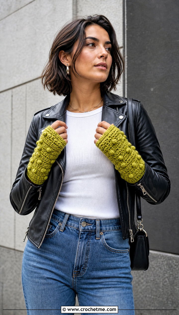 Bobble Stitch Crochet Fingerless Mittens With Leather Jacket - 25 crochet fingerless mittens outfit ideas