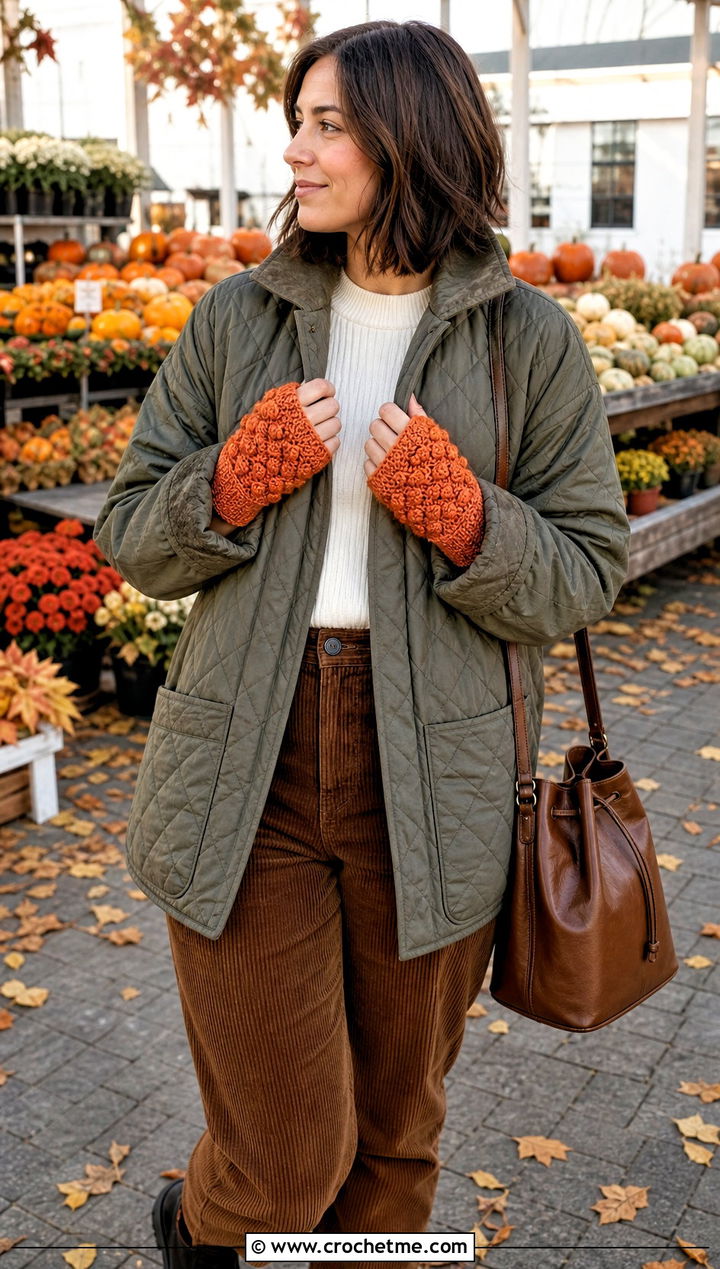 Bobble Stitch Crochet Fingerless Mitts With Quilted Jacket - 30 crochet half gloves fingerless mitts outfit ideas