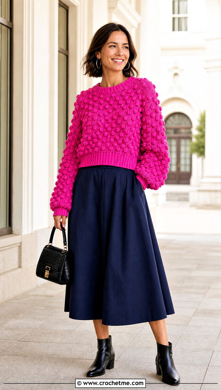 Bobble Stitch Crochet Fisherman Sweater With A Line Skirt - 25 crochet fisherman sweater outfit ideas