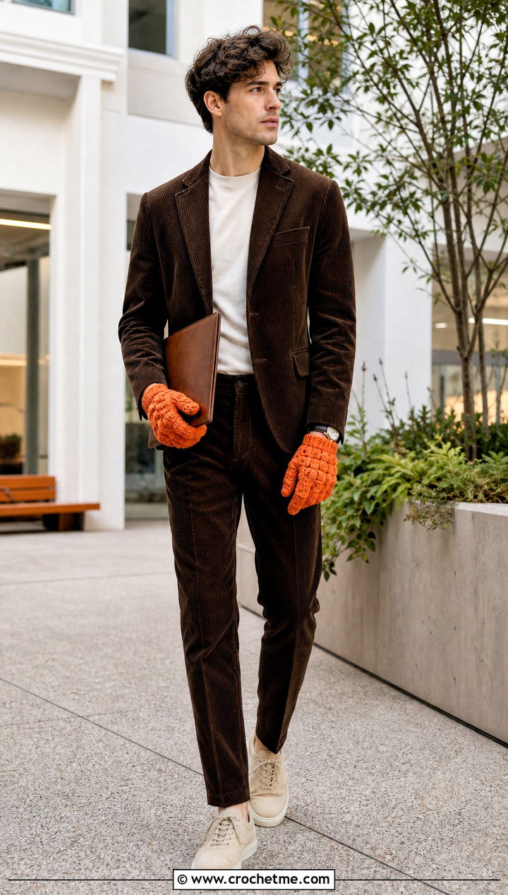 Bobble Stitch Crochet Gloves With Corduroy Suit - 35 men crochet gloves outfit ideas