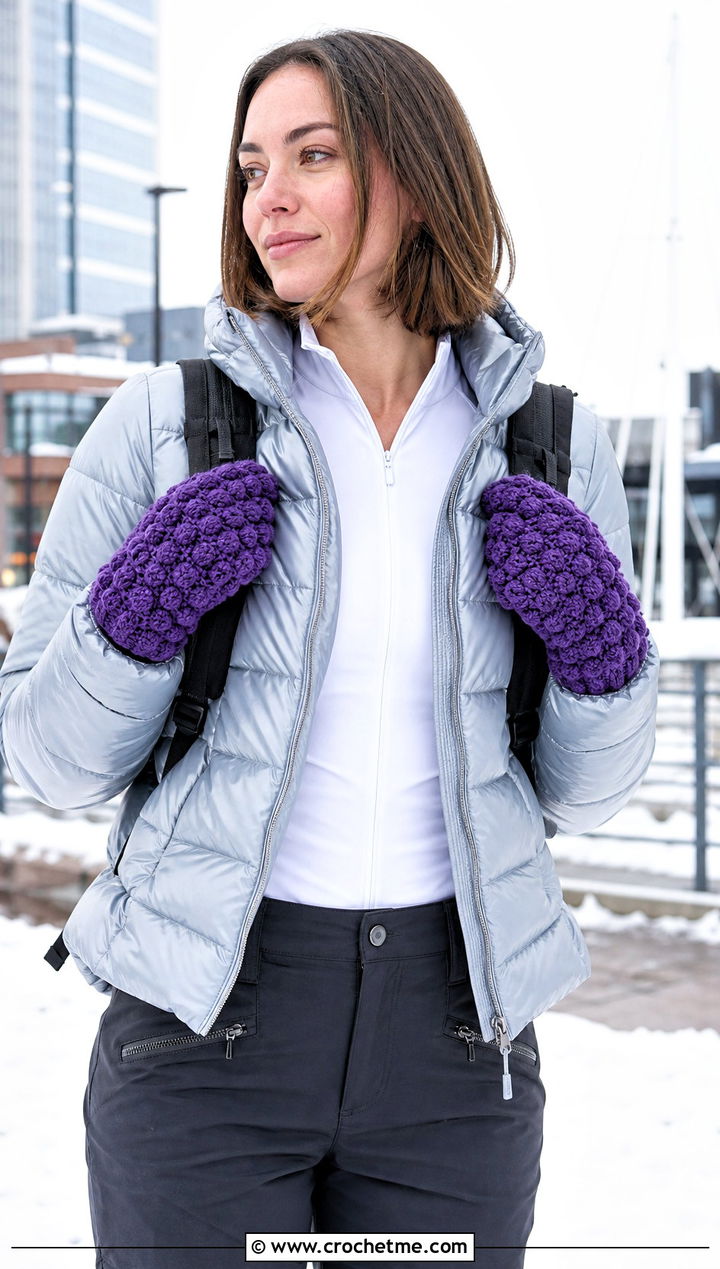 Bobble Stitch Crochet Gloves With Puffer Jacket - 30 aesthetic crochet gloves outfit ideas