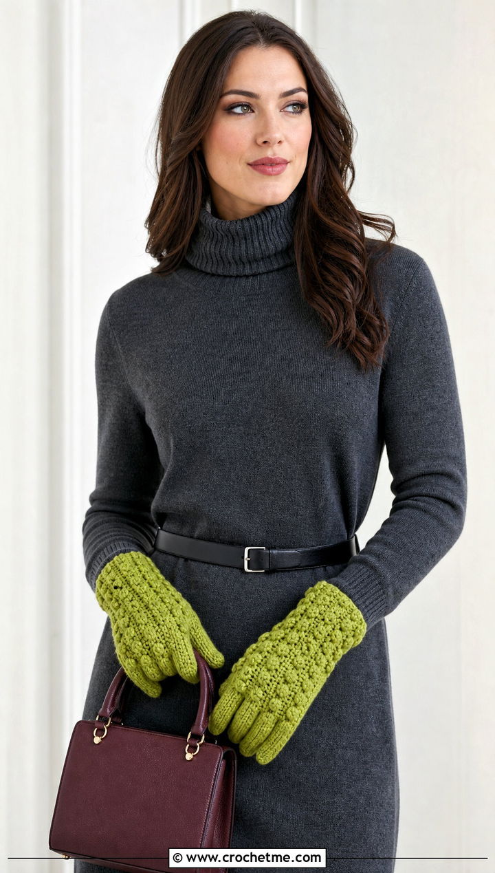 Bobble Stitch Crochet Gloves With Sweater Dress - 35 crochet gloves fingers outfit ideas