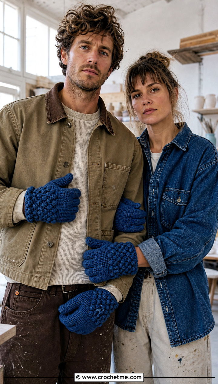 Bobble Stitch Crochet Gloves With Workwear - 25 Crochet Gloves For Couples outfit ideas