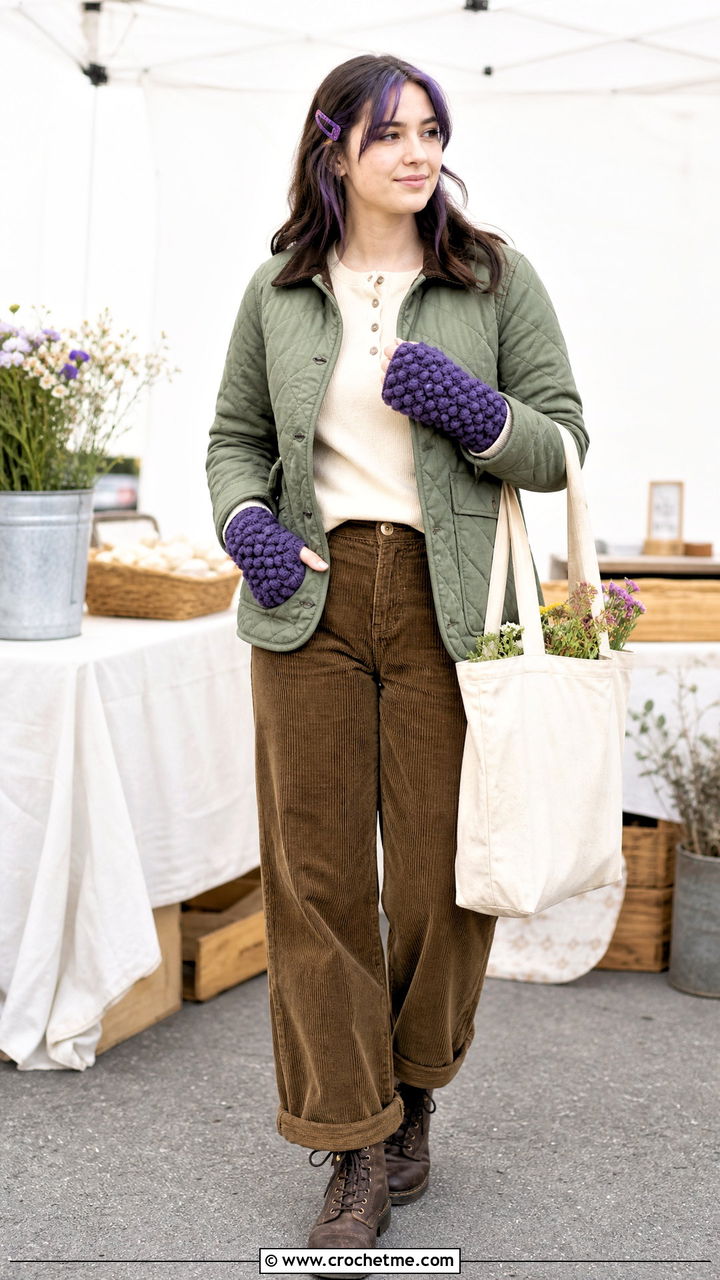 Bobble Stitch Crochet Hand Warmers With Quilted Jacket - 35 crochet hand warmers outfit ideas