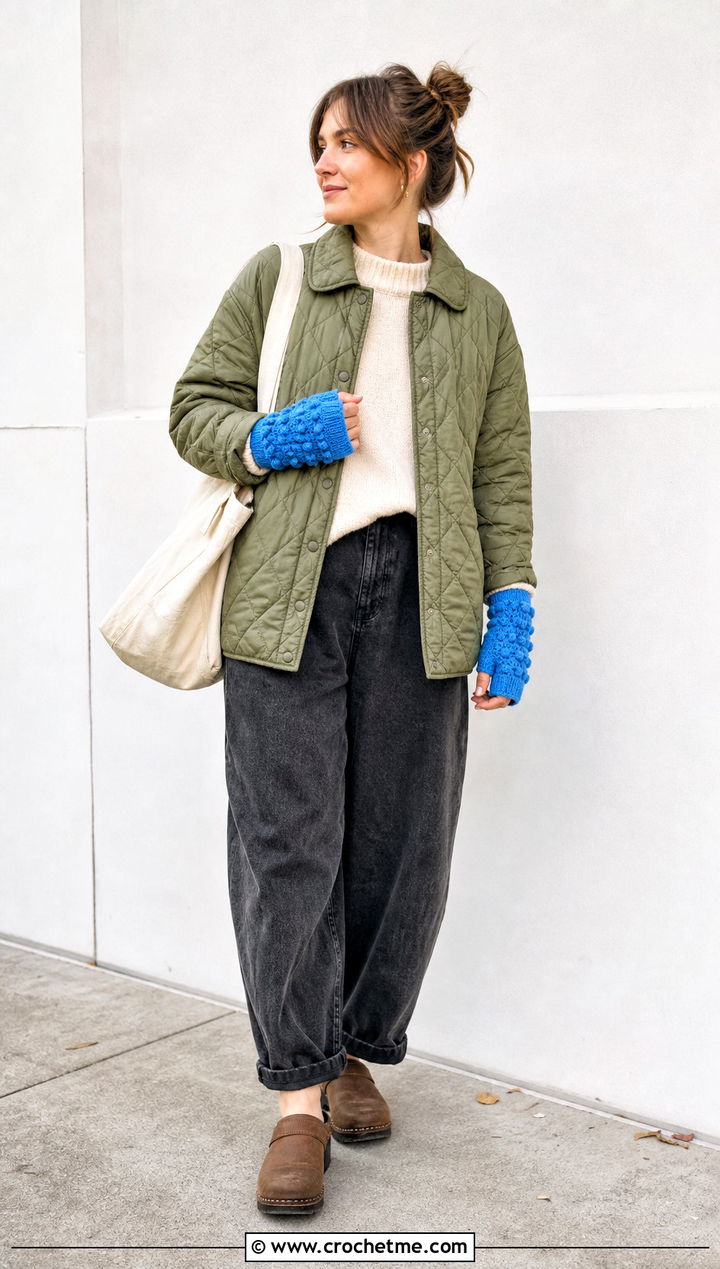 Bobble Stitch Crochet Handwarmers With A Quilted Jacket - 35 crochet handwarmers outfit ideas