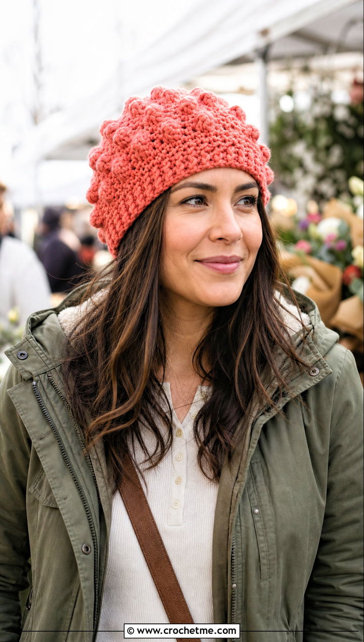 Bobble Stitch Crochet Hat With Utility Jacket - 30 winter crochet hats outfit ideas