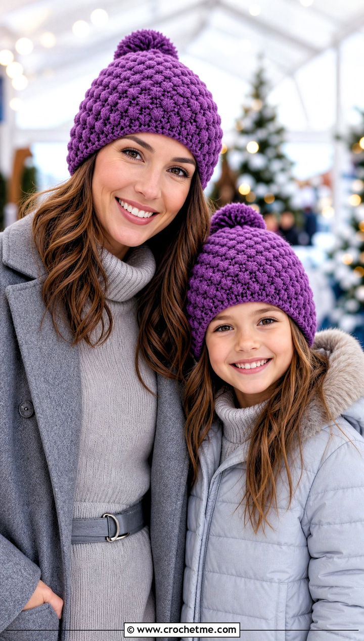 Bobble Stitch Crochet Hats With Sweater Dresses - 25 Mommy And Me Crochet Hats outfit ideas