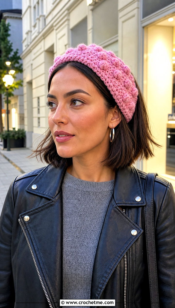 Bobble Stitch Crochet Headband With Leather Jacket - 25 Easy Crochet Winter Headband outfit ideas