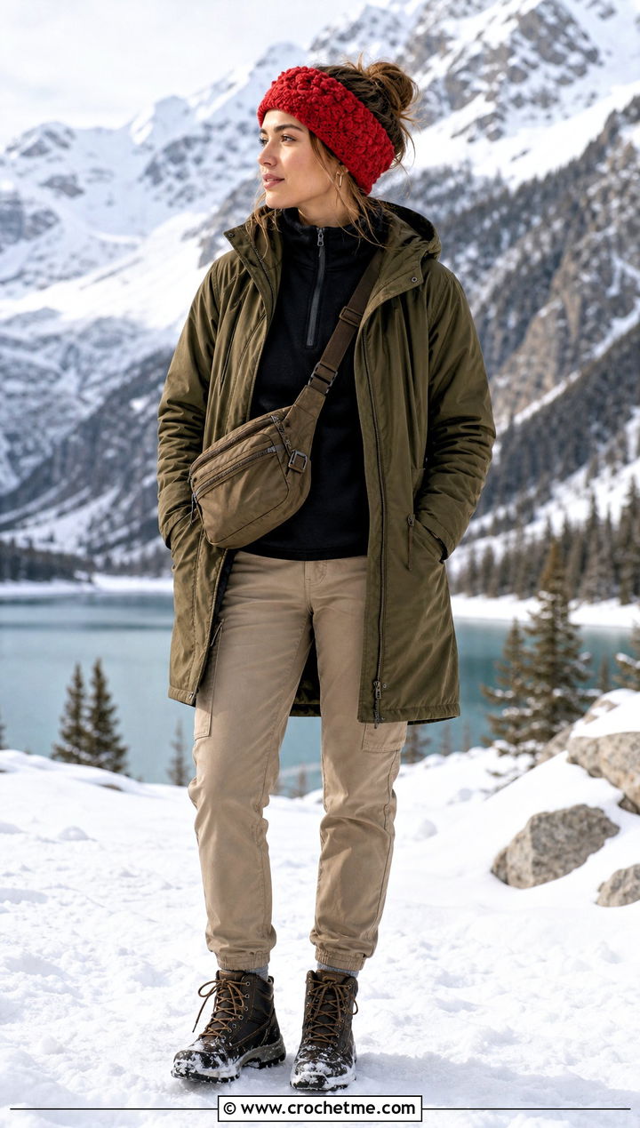 Bobble Stitch Crochet Headband With Parka And Cargo Pants - 35 winter crochet headband outfit ideas