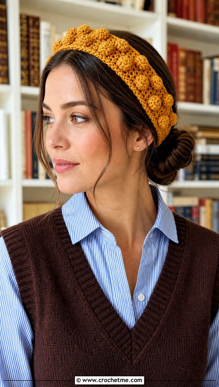 Bobble Stitch Crochet Headband With Sweater Vest - 30 crochet fall headband outfit ideas