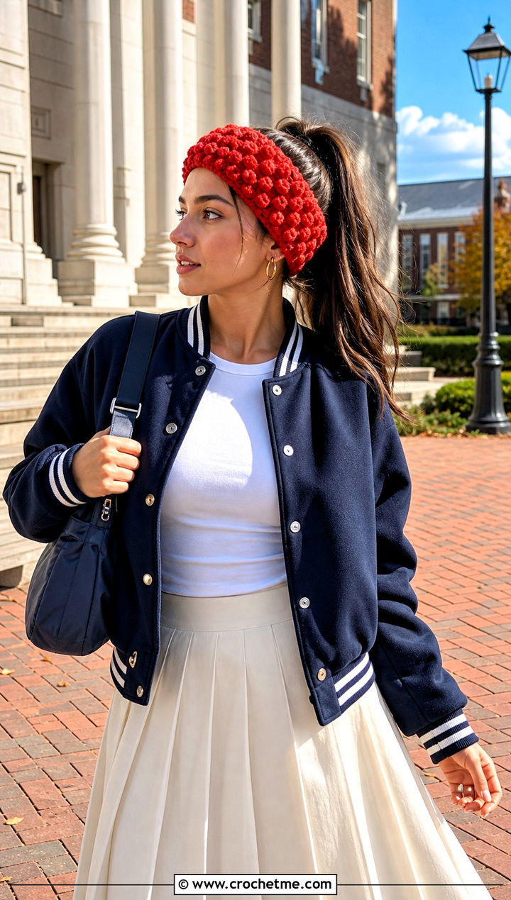 Bobble Stitch Crochet Headband With Varsity Jacket - 30 chunky crochet headband outfit ideas