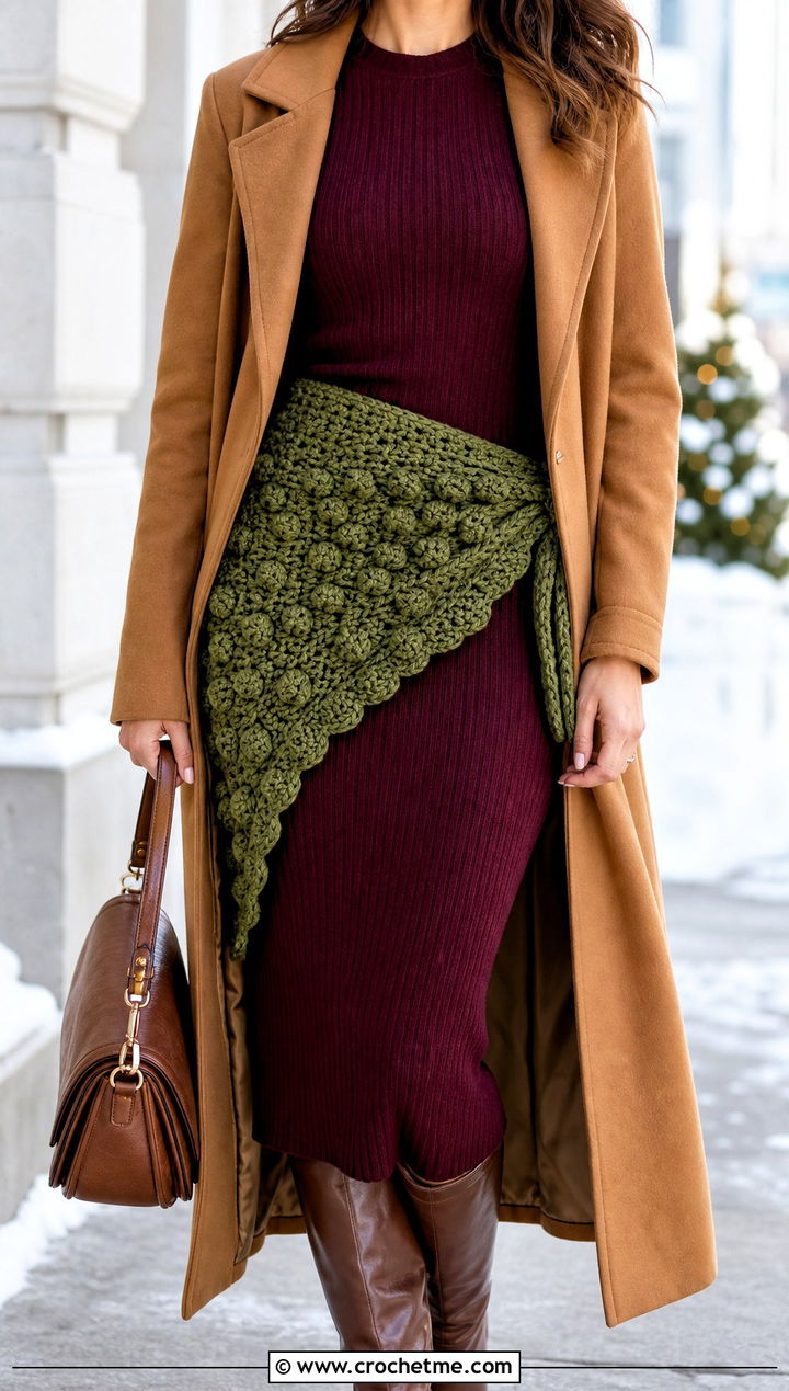 Bobble Stitch Crochet Hip Scarf With Knit Dress - 30 Crochet Hip Scarf outfit ideas