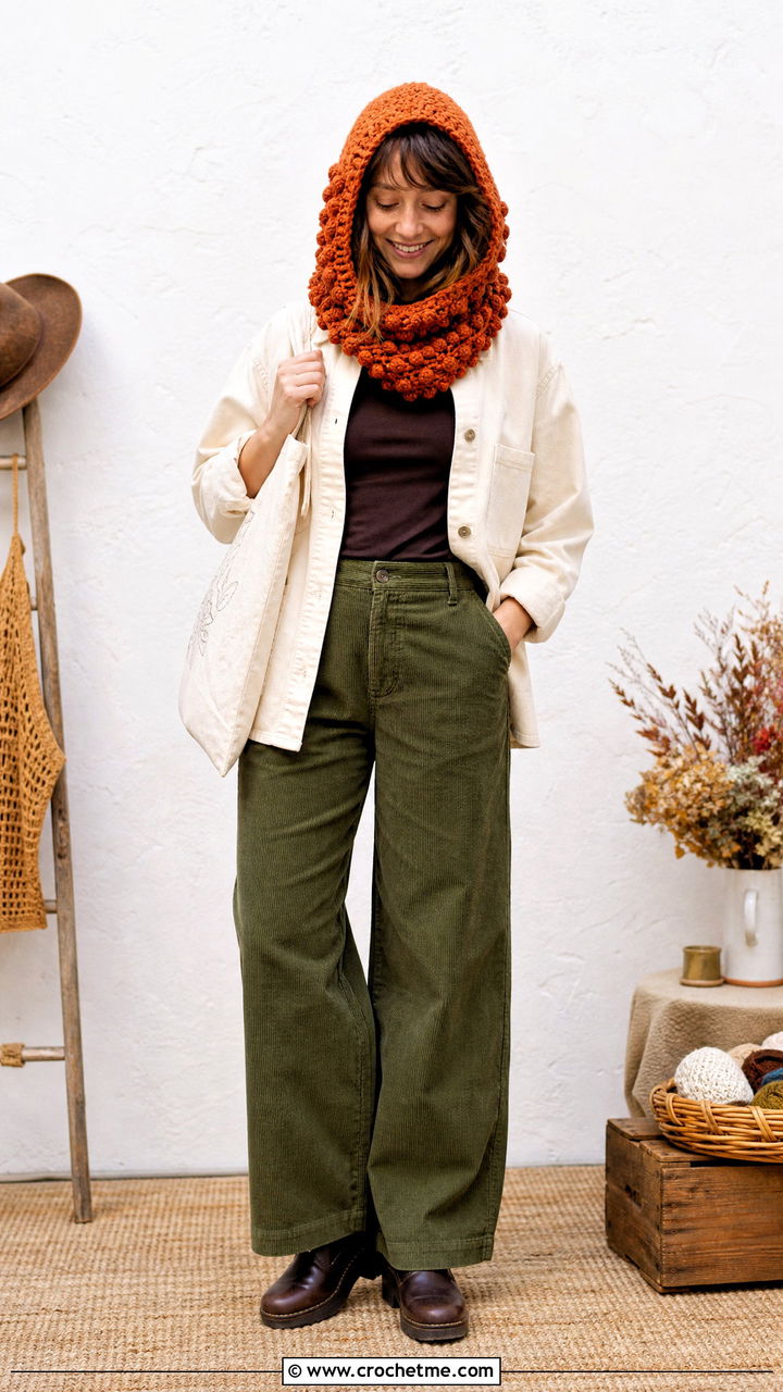 Bobble Stitch Crochet Hooded Cowl With Corduroy Pants - 35 crochet hooded cowl outfit ideas