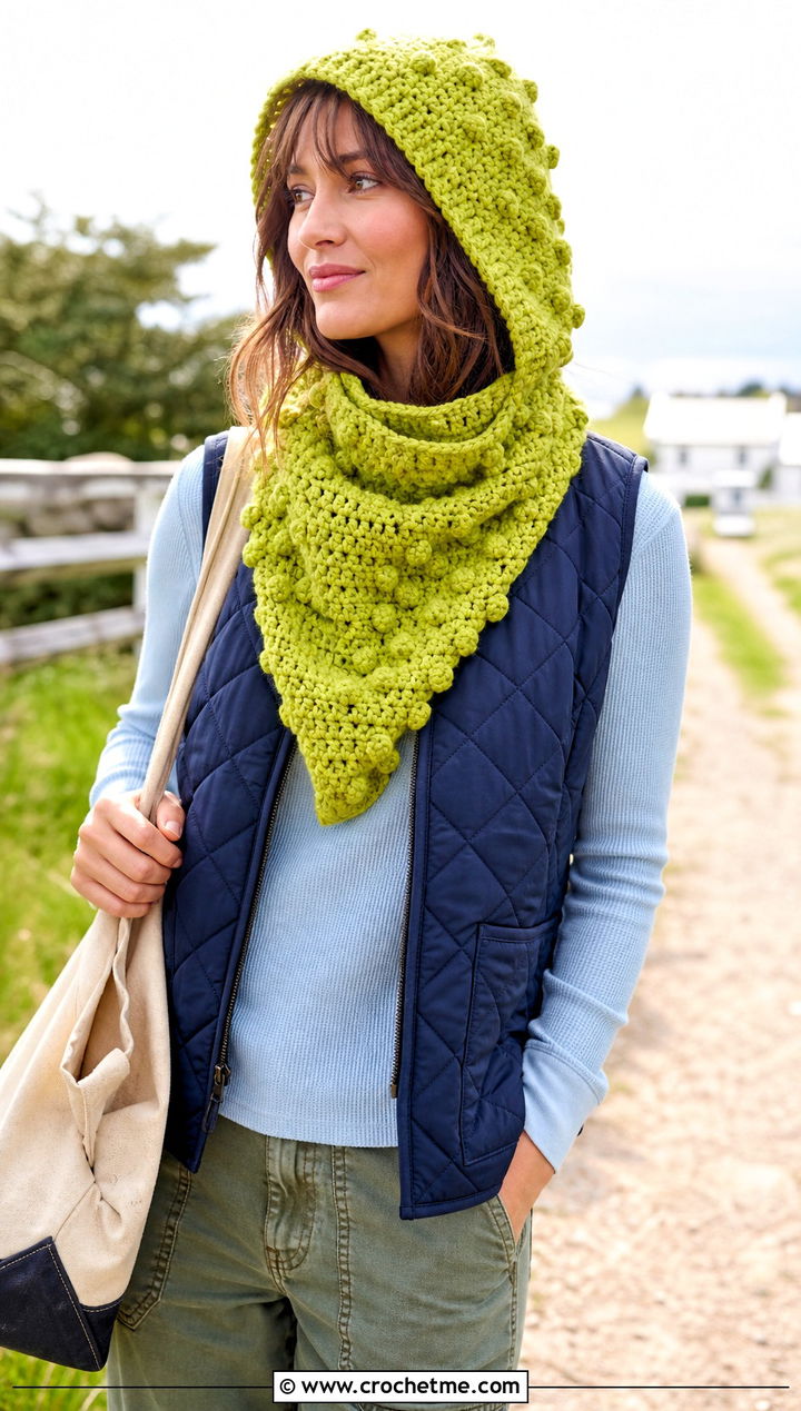 Bobble Stitch Crochet Hooded Cowl With Quilted Vest - 30 easy crochet hooded cowl outfit ideas