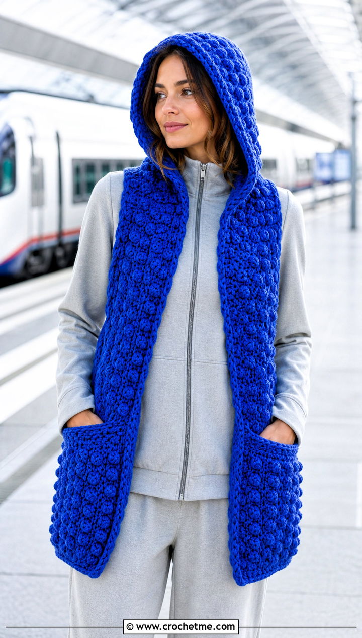 Bobble Stitch Crochet Hooded Pocket Scarf With Tracksuit - 25 crochet hooded pocket scarf outfit ideas