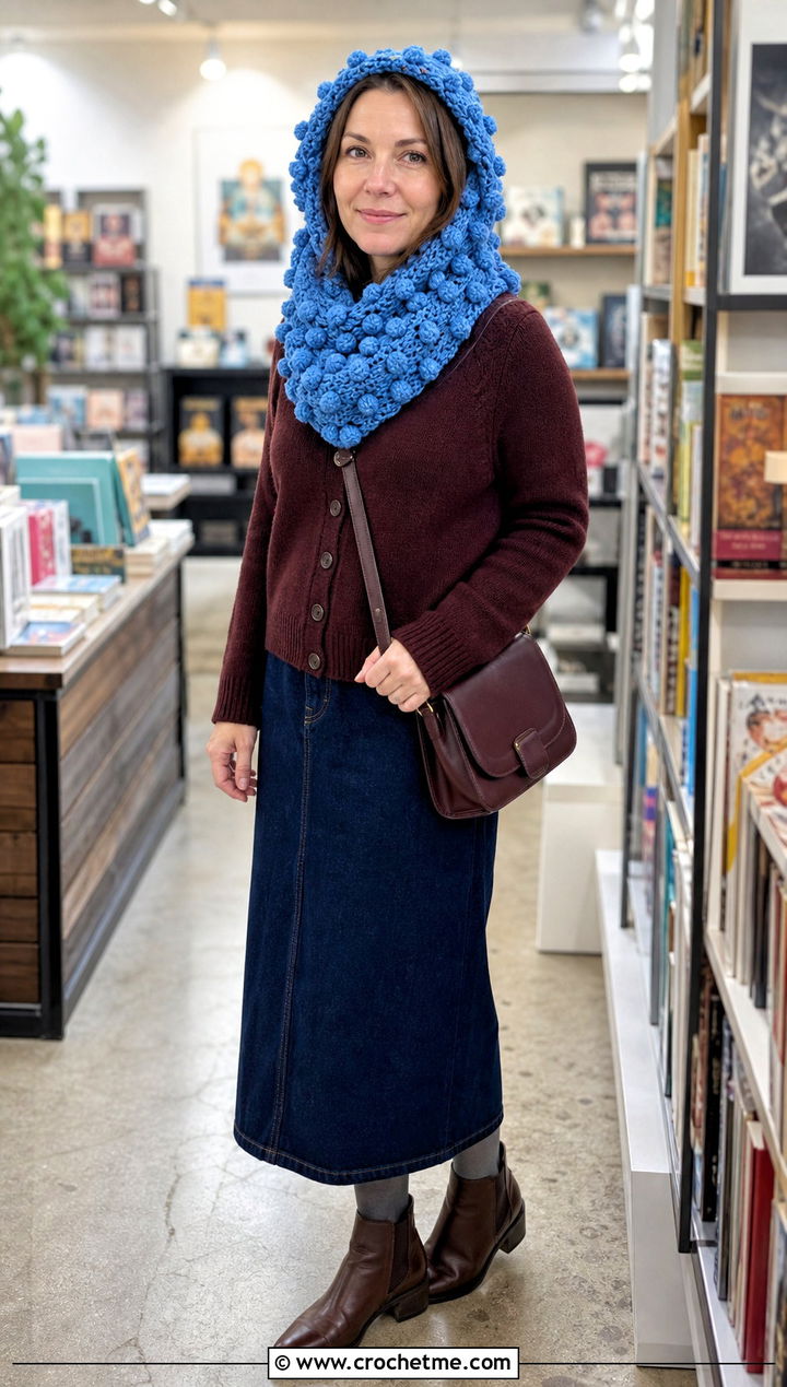 Bobble Stitch Crochet Hooded Scarf With Cardigan And Midi Skirt - 15 crochet infinity scarf with hood outfit ideas