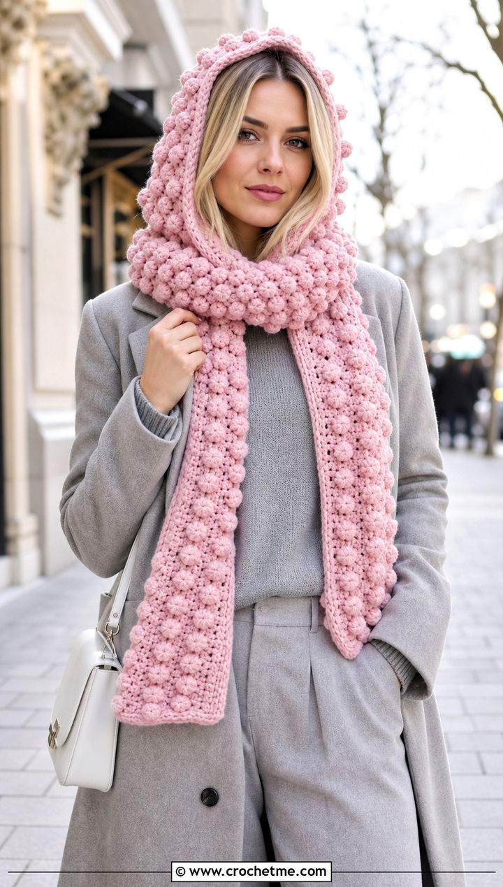 Bobble Stitch Crochet Hooded Scarf With Monochrome Outfit - 30 crochet scarf with hood outfit ideas