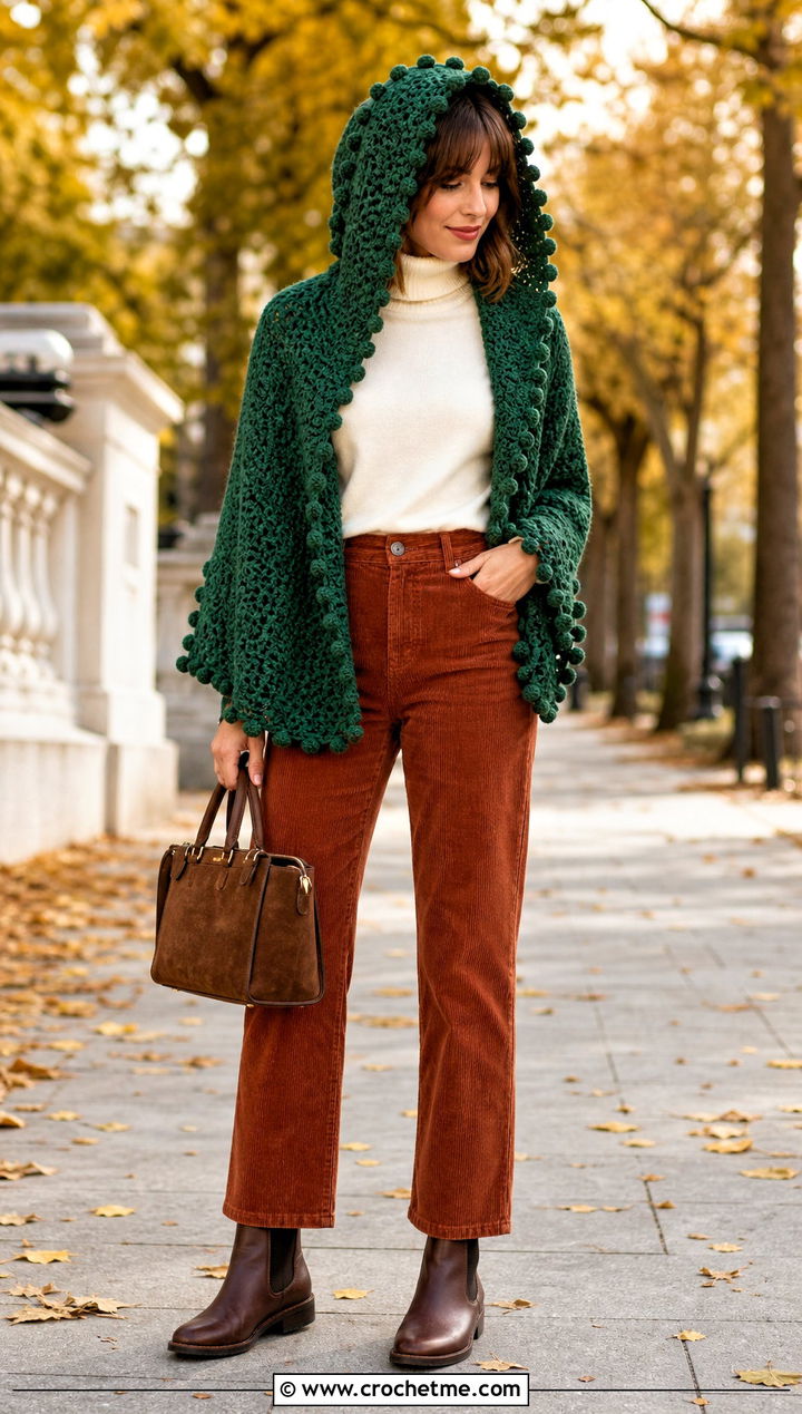 Bobble Stitch Crochet Hooded Shawl With Corduroy Pants - 35 crochet hooded shawl outfit ideas