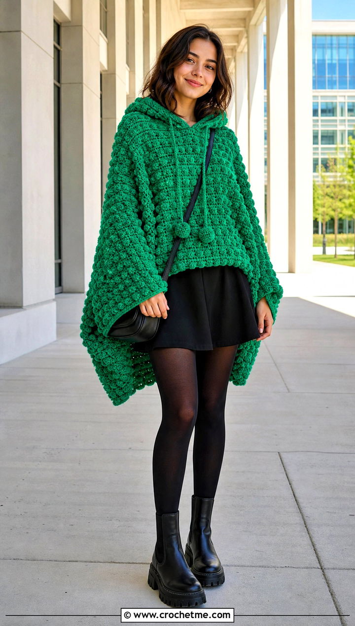 Bobble Stitch Crochet Hoodie Blanket With Mini Skirt - 25 crochet hoodie blanket outfit ideas