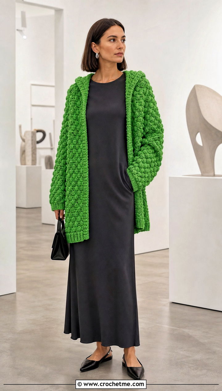 Bobble Stitch Crochet Hoodie Cardigan With Column Dress - 30 crochet hoodie cardigan outfit ideas