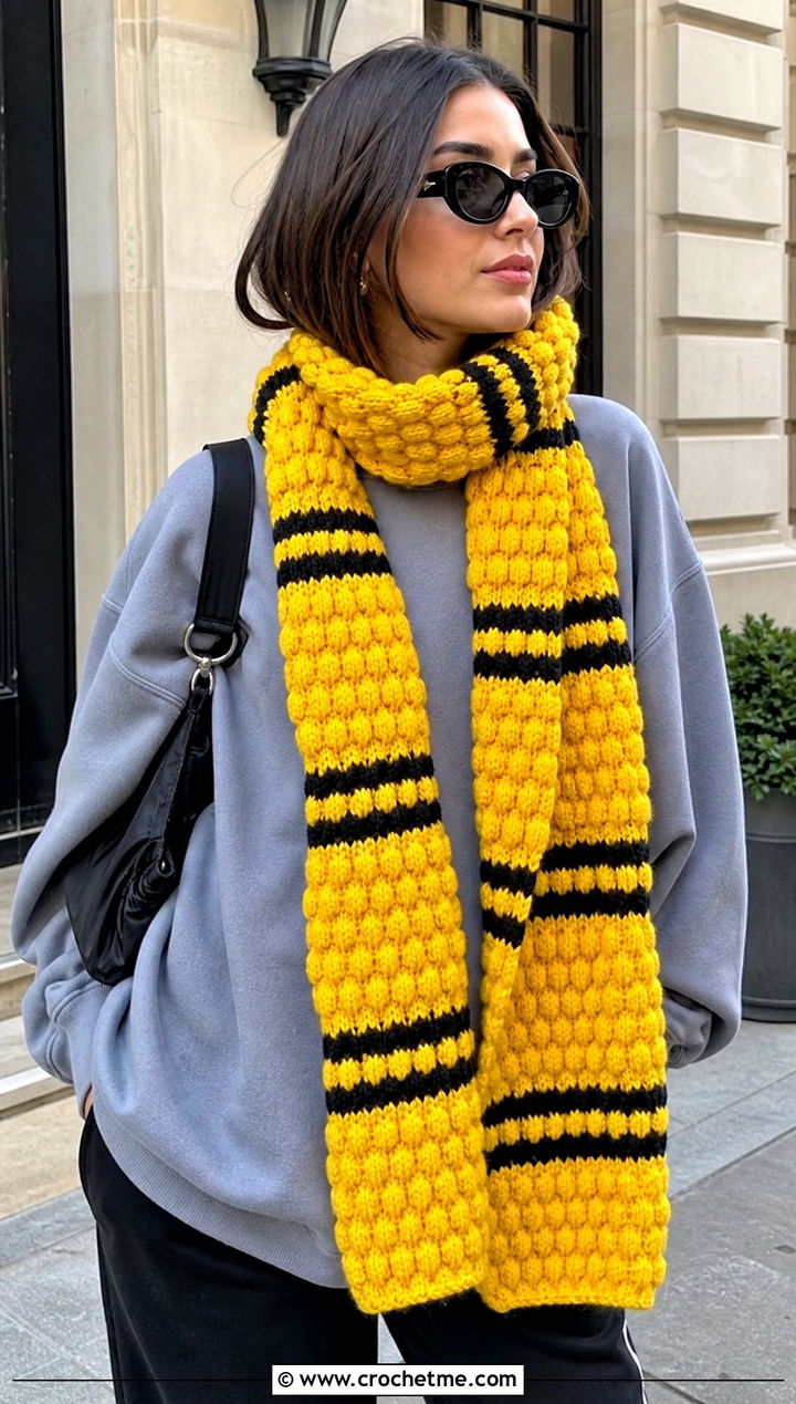 Bobble Stitch Crochet Hufflepuff Scarf With Sweatshirt - 30 crochet hufflepuff scarf outfit ideas
