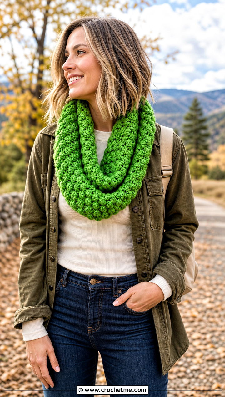 Bobble Stitch Crochet Infinity Scarf With Shacket - 25 infinite crochet scarf outfit ideas