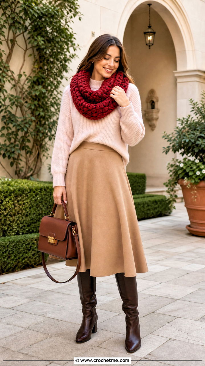 Bobble Stitch Crochet Infinity Scarf With Sweater And Skirt - 35 crochet infinity scarf outfit ideas