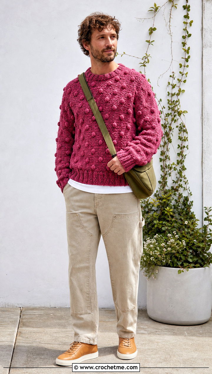 Bobble Stitch Crochet Jumper With Carpenter Pants - 35 men crochet jumper outfit ideas