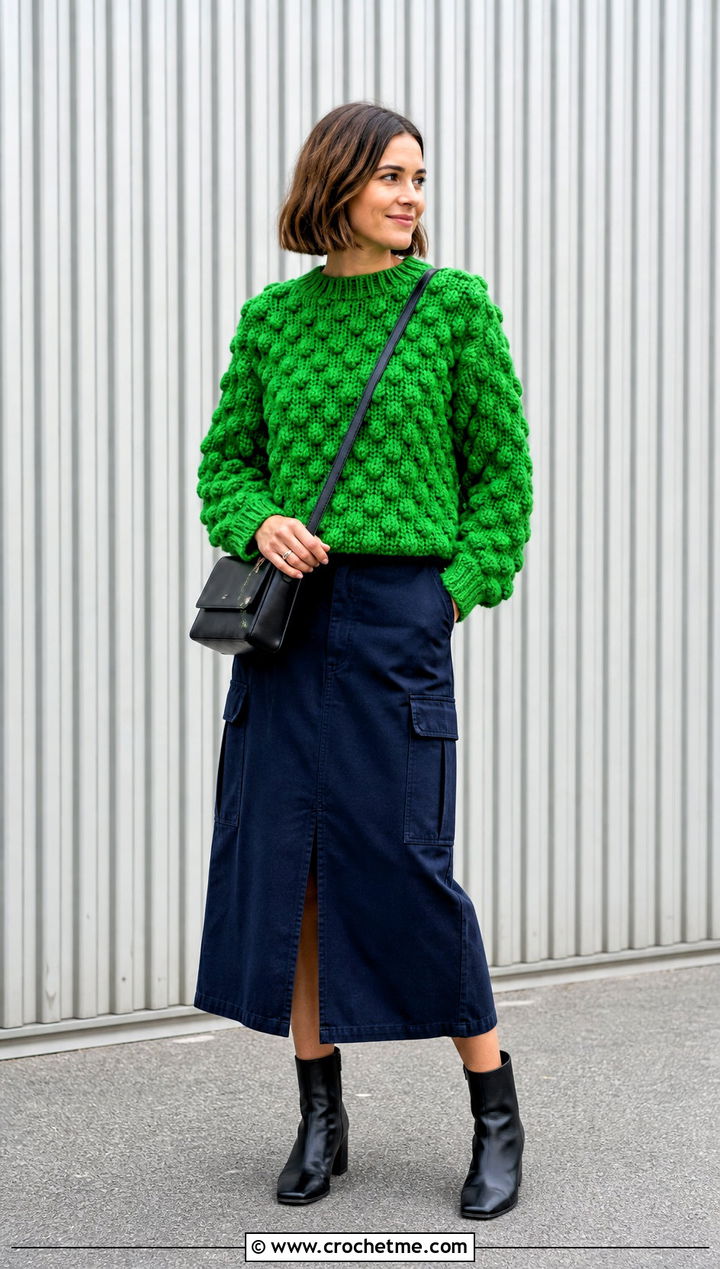 Bobble Stitch Crochet Jumper With Utility Skirt - 25 crochet jumper for women outfit ideas