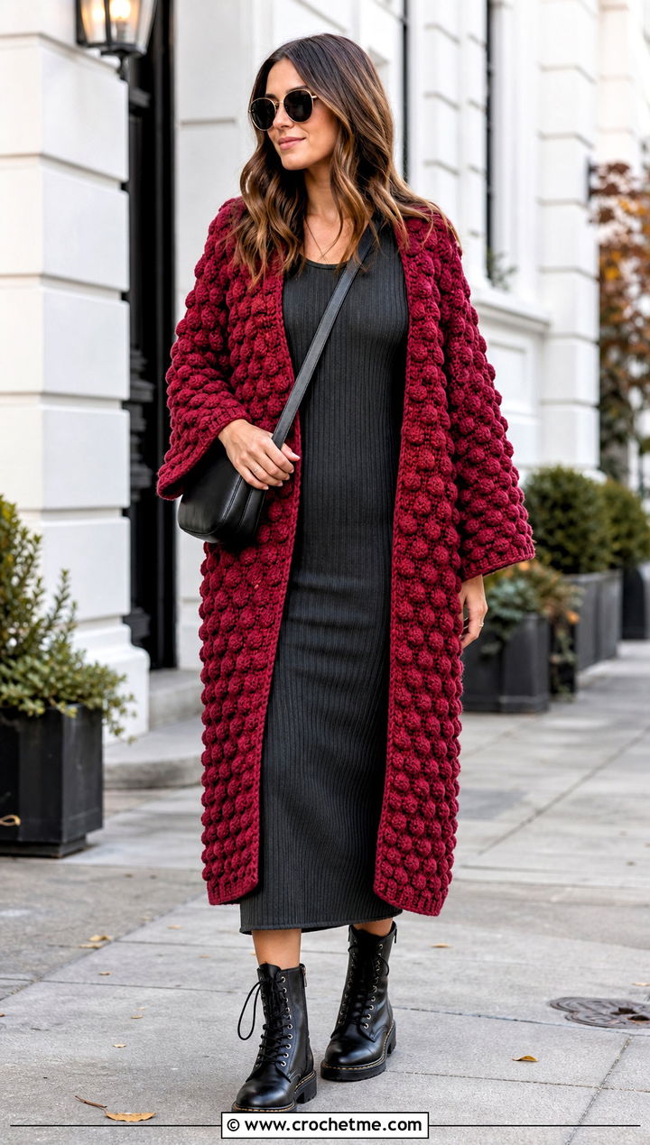 Bobble Stitch Crochet Kimono With Knit Dress And Combat Boots - 30 Boho Crochet Kimono outfit ideas